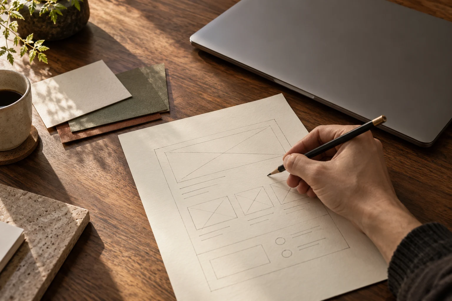 Composed studio scene: a website design sketched on paper
