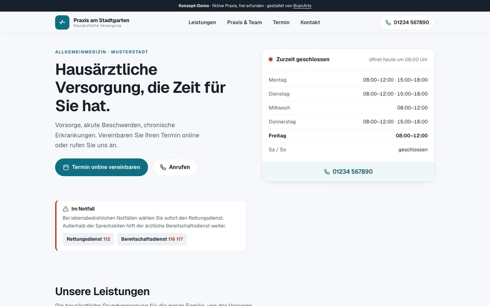 Website concept in German: Hausarztpraxis am Stadtgarten