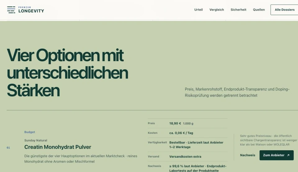 A German product comparison on Premium Longevity, showing criteria, sources and costs