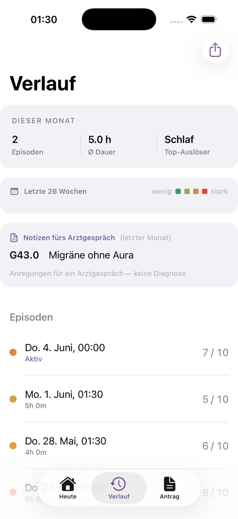 Migraine Log: recorded episodes in the history view, in German